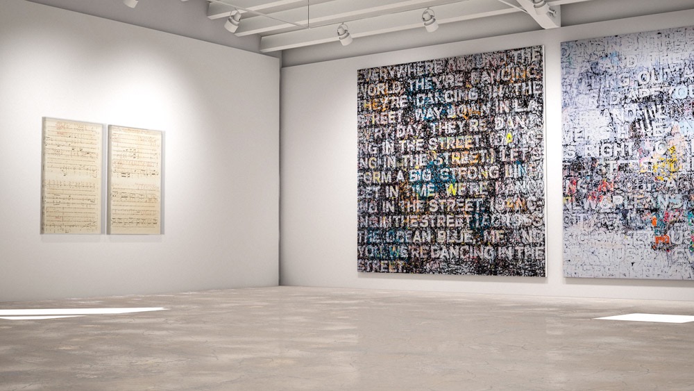  Hauser & Wirth Installation view, ‘Beside Itself’, created in HWVR picturing Charles Gaines’s ‘Librettos: Manuel de Falla/Stokely Carmichael, Set 5’, 2015 and Mark Bradford’s ‘New York City’, 2019 and ‘Chicago’, 2019