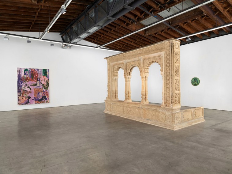  Luhring Augustine Bushwick From left to right: Salman Toor, Music Room, 2021; Pleasure pavilion, Late 18th or early 19th century, Sandstone and brick; Salman Toor, Fag Puddle with Pearls and Sock and Shrubs, 2020