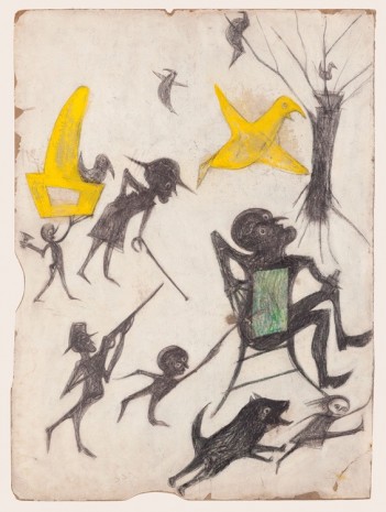 Bill Traylor, Exciting Event (Man on Chair, Man with Rifle, Dog Chasing Girl, Yellow Bird and Other Figures), 1939-1942 , David Zwirner