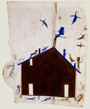Bill Traylor, Brown House with Multiple Figures and Birds, 1939-1942 , David Zwirner