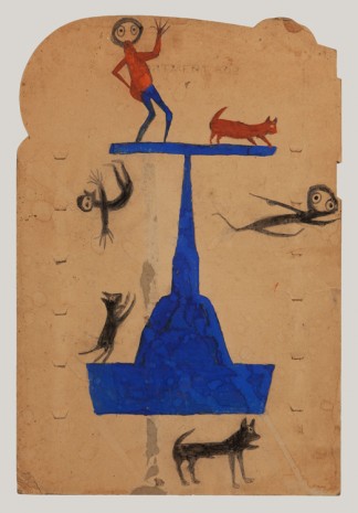 Bill Traylor, Blue Construction with Black and Orange People and Dogs, 1939-1942 , David Zwirner