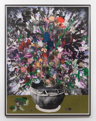 Matthew Day Jackson,  Lilies, irises, tulips, roses, orchids, primroses, peonies and other flowers in a sculpted vase decorated with the figures of Amphitrite and Ceres, with a branch of flowers, a stag beetle and other insects,  2018, Hauser & Wirth
