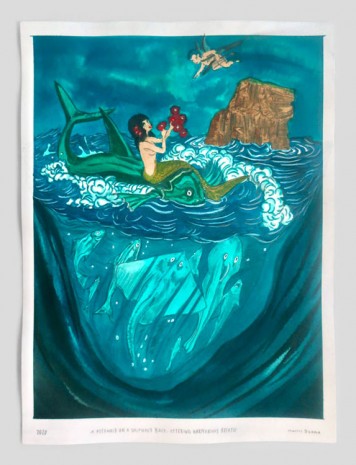 Marcel Dzama, A mermaid on dolphins back uttering harmonious breath, 2020, David Zwirner