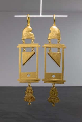Simon Fujiwara , A Dramatically Enlarged Set of Golden Guillotine Earrings Depicting the Severed Heads of Marie Antoinette and King Louis XVI, 2019 , Esther Schipper