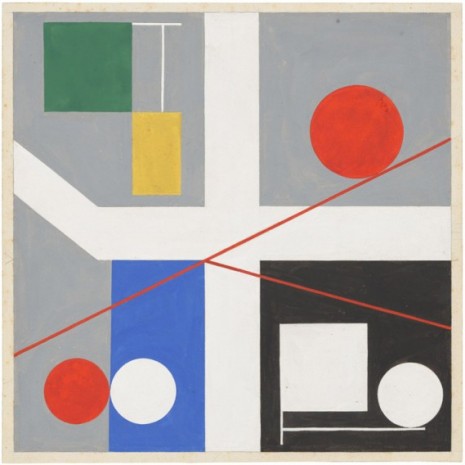 Sophie Taeuber-Arp, Quatre espacs á cercles rouges roulants (Four spaces with red rolling circles), 1932 , Hauser & Wirth