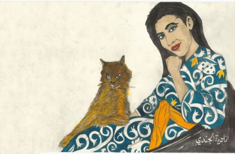 Marcel Dzama, Tangier cafe, actress with cat, 2018, David Zwirner
