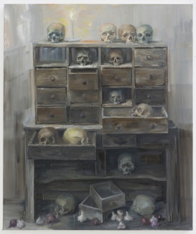 Yan Pei-Ming, Installation, treize crânes et une bougie, 2020, Galerie Thaddaeus Ropac