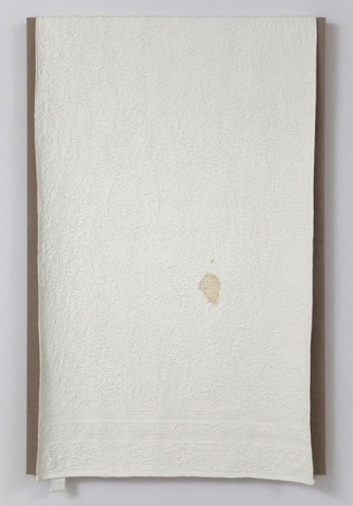 Analia Saban, Two Stripe Bath Towel with Tag and Stain, 2012, Tanya Bonakdar Gallery
