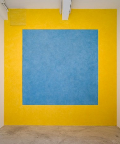 Sol LeWitt, Wall Drawing #418 E: A blue square on a yellow wall. The square is filled in solid, First installation: June 1984, Paula Cooper Gallery