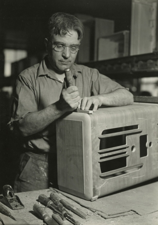 Lewis Hine, Cabinet repair man preparing to cut a piece of veneer. RCA Victor, Camden, New Jersey, March 4, 1937, , Howard Greenberg Gallery