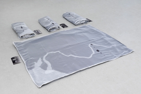 Felix De Clercq, 4 blankets depicting the Rhine, Meuse, Thames and Scheldt on which the shapes of 36 islands of the primal river cut out of pictures of the North Sea are sewn, 2021, greengrassi