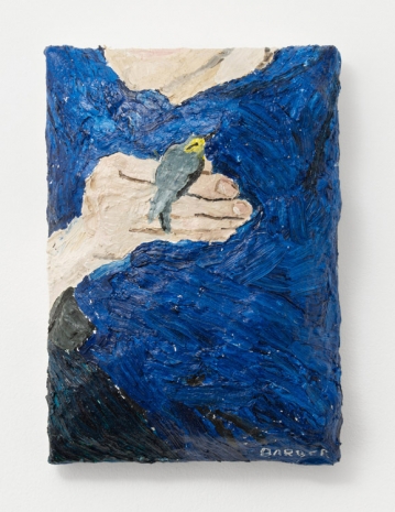Sophie Barber, Holding bird against a cobalt blue woollen jumper, 2021 , Alison Jacques