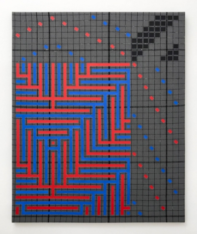 Heather Cook , Fluorescent Blue and Red Weaving Draft on Grey and Bleached Black Graph Weaving, 2019 , Praz-Delavallade