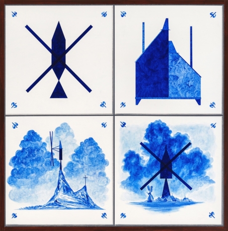Titus Schade, Vier Fliesen - Windmühlen, Doppelhaus, Gebirge und Dorf, 2021 , Galerie EIGEN + ART