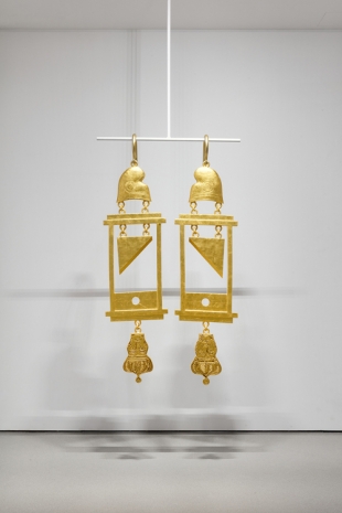 Simon Fujiwara , A Dramatically Enlarged Set of Golden Guillotine Earrings Depicting the Severed Heads of Marie Antoinette and King Louis XVI, 2019 , WHITE SPACE