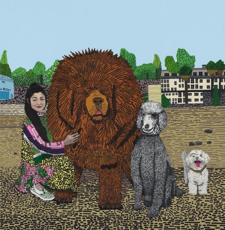 Jonas Wood, Shio with Three Dogs, 2020, David Kordansky Gallery