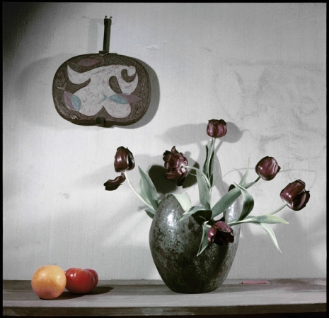 Agnès Varda, Nature morte aux tulipes et aux fruits. Vase de Valentine Schlegel, céramique d’Andrée Vilar. Paris, Circa 1955 , Galerie Nathalie Obadia
