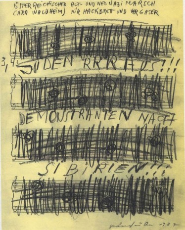 Gerhard Rühm, Untitled (from the series visuelle Musik; Österreichischer Alt- und Neonazimarsc (Ära Waldheim) für Hackbrett und Vergaser), 1987, Christine Koenig Galerie