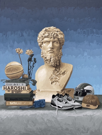 Daniel Arsham, Still Life with Eroded Bust of Lucius Verus, Sneakers, Helmet, and Basketball, 2022, Perrotin