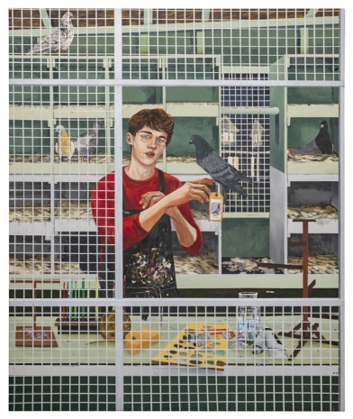 Hernan Bas,  A pigeon portraitist, his subjects are trained to deliver the work themselves, 2022 , Galerie Peter Kilchmann