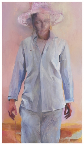 Johannes Kahrs, untitled (man with pink hat in orange landscape), 2021 , Zeno X Gallery