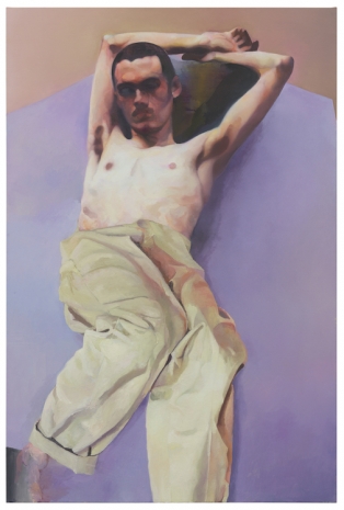 Johannes Kahrs, untitled (man on purple panel with tan trousers), 2021 , Zeno X Gallery