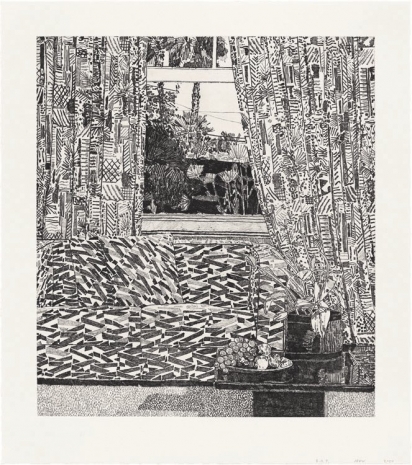 Jonas Wood , Pattern Couch Interior with Mar Vista View, 2020 , Gagosian