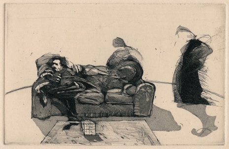 William Kentridge, Domestic Scenes 3: Man on Sofa with table + box (2nd state), 1980 , Marian Goodman Gallery