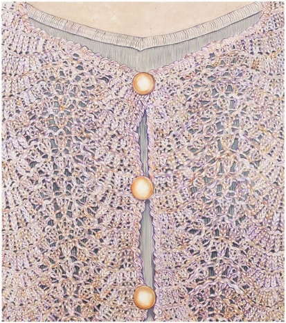 Leena Nio , Composition with a pink lace cardigan and three shiny buttons, 2023 , Galerie Forsblom