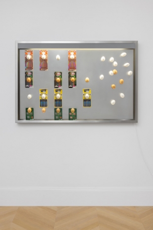 Gabriel Kuri, untitled horizontal scratch lotto and eggs vitrine, 2023 , Esther Schipper