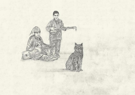 Marcel Dzama, Cat with men playing the sintir or guembri and the rebab, 2018 , Tim Van Laere Gallery