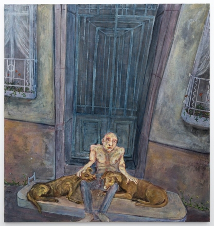 Andriu Deplazes , Regard tordu sur corps avec deux chiens (Distorted gaze on body with two dogs), 2023, Galerie Peter Kilchmann