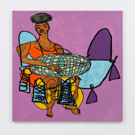 Tschabalala Self , Leisure Woman in Orange Dress in Purple Room, 2023 , Galerie Eva Presenhuber