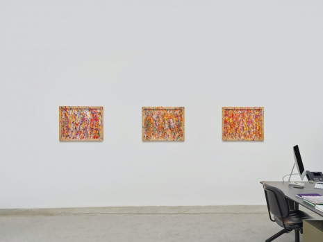 Morgan Fisher, Three Gray Paintings (yellow/violet within red/green within blue/orange), 2023, Bortolami Gallery
