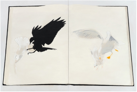Frances Stark, Crow and Seagull attack Doves released by Pope in Ukraine in 2014, 2024 , Galerie Buchholz