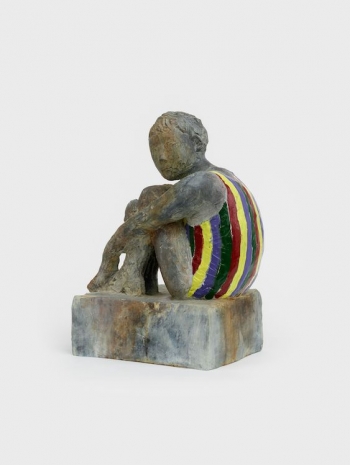 Claire Tabouret, Seated bather (multi stripes), 2023, Perrotin