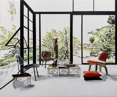 Eamon O´Kane , Eames House Interior with red chair and cushion, 2024 , BERNHARD KNAUS FINE ART