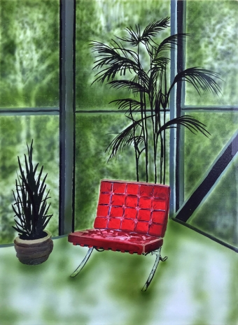 Eamon O´Kane , Goulding House interior with red Barcelona chair, 2024  , BERNHARD KNAUS FINE ART