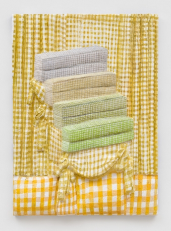 Gina Beavers, Yellow gingham ascension (cushions, drapes, pillows), 2024 , Marianne Boesky Gallery