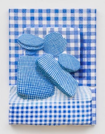 Gina Beavers, Blue gingham still life (pie and casserole covers, crib sheets), 2024 , Marianne Boesky Gallery