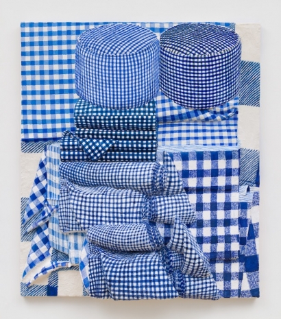 Gina Beavers, Blue gingham ottoman stack, 2024 , Marianne Boesky Gallery