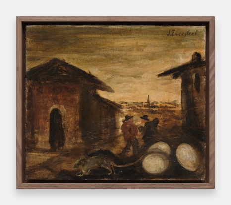 Luigi Zuccheri, Paesaggio con topo, uova e figure umane, 1965/1970, Sylvia Kouvali