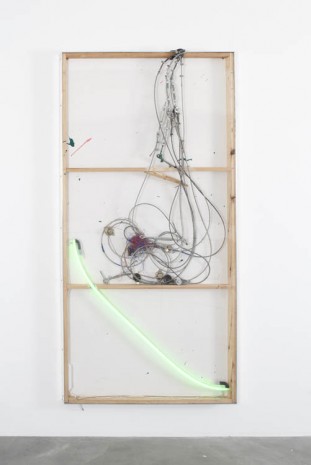Joris Van de Moortel, Staalkabel and green neon light and various collectable objects, 2013, Galerie Nathalie Obadia