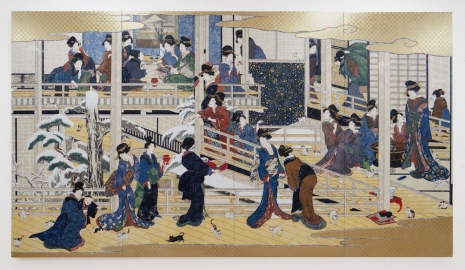 Takashi Murakami, Kitagawa Utamaro’s “Snow in Fukagawa” Samurais and Many Cats in Edo during the Little Ice Age - SUPERFLAT, 2025 - 2026, Perrotin