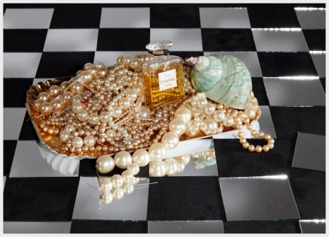 Roe Ethridge, Chanel No 5 from 1924 on Tray of Pearls and Mirror Checkerboard, 2025 , Gagosian