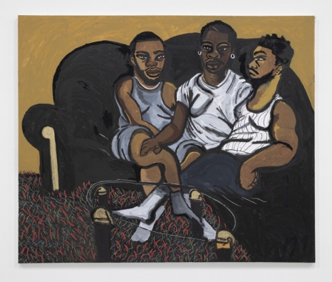 Jonathan Lyndon Chase, Three lovers, a carpet, full couch and coffee table, 2025 , Giò Marconi