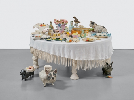Sonia Boyajian, Tray of Organic Hot Dogs; Pitcher with Dixie Cups & Lemons; Fruit Bowl with Linen; Weiner Dog & Organic Hot Dogs; Guacamole & Chips with Linen & Dixie Cup; Flower Trio; Eggs with Linen; Blue Cheese & Little Bird; Gouda, Brie, & Mouse..., 2026, David Zwirner
