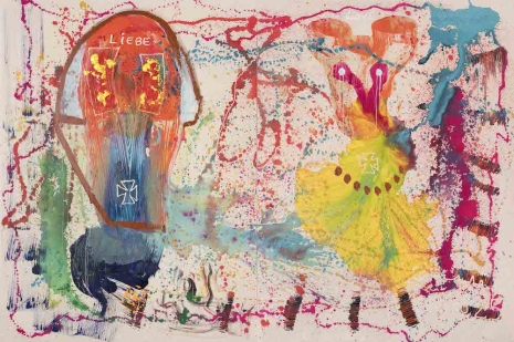 Jonathan Meese, “A.R.T.“ IS TOTAL “BIG-LOVE-TANZ-CAPTAIN-FUTURE“ DE GEHIRNKUNSTMASSAGE DER LIEBE! (YOUR “FAMILY BUSINESS- DUTY“: DANCE AWAY REALITY, YEAH, DR.NO PROBLEMS) DIE KUNST IST KEINE IDEOLOGISCHE GEHIRNWÄSCHE, ERZSUPER!!!!!!!!, 2025, Tim Van Laere Gallery