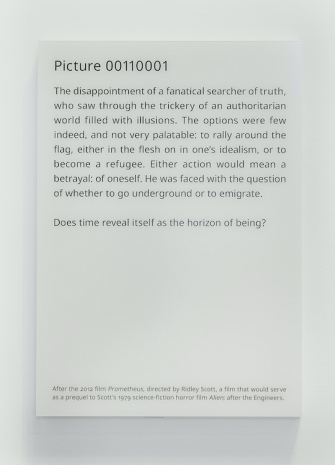 Daniel Joseph Martinez, The Post-Human Manifesto for the Future; On the Origin of Species or E=hν (+) We are here to hold humans accountable for crimes against humanity Or In the twilight of the empire, in the spider hole where the masters of the earth have gone..., 2026, Marian Goodman Gallery