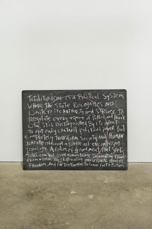 Daniel Joseph Martinez, Memento Mori (Blackboards, definitions and translations) In house only Hannah Arendt, Paul Virilio, Joseph Beuys, Cy Twombly, , Marian Goodman Gallery